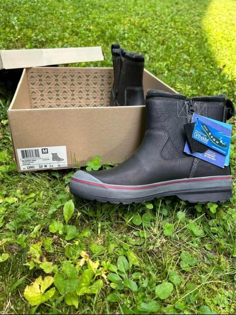 Clarks Black Leather Side-Zip Boots with Gray Sole and Red Trim